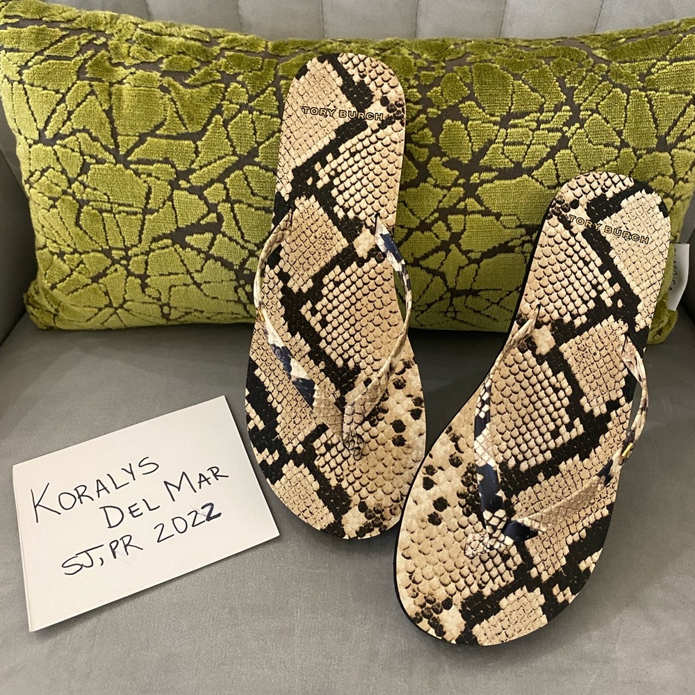 Tory Burch Snakeskin-Embossed Leather Flip Flops- BNWB